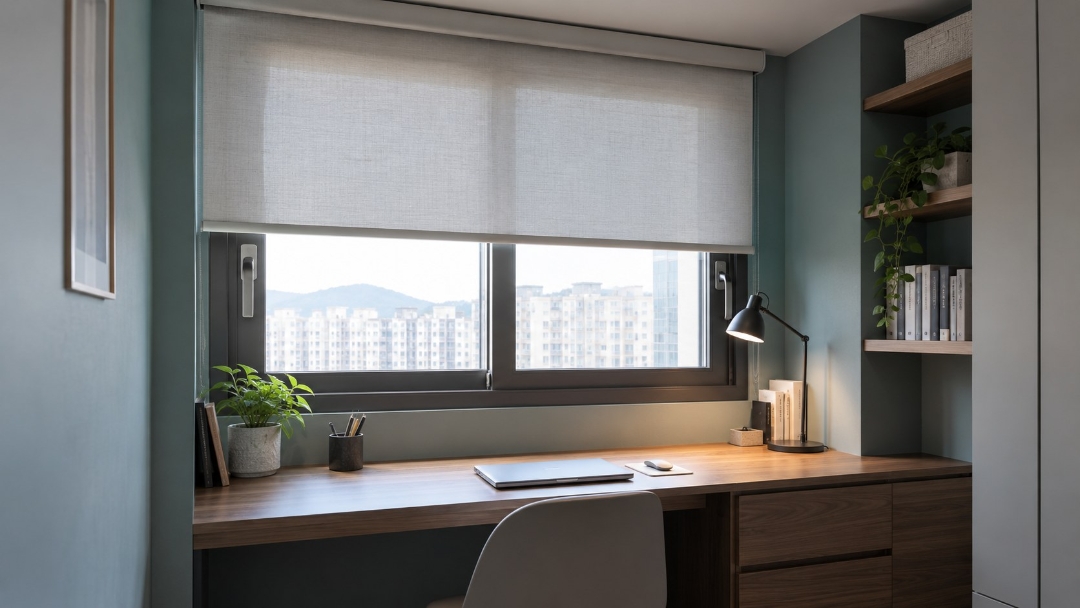 책상 위 작은 창에 롤블라인드를 설치한 아파트 서재