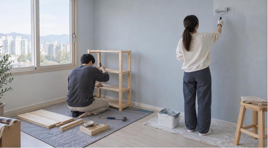 벽 도장과 원목 선반 조립을 직접 하는 한국 아파트 셀프 인테리어