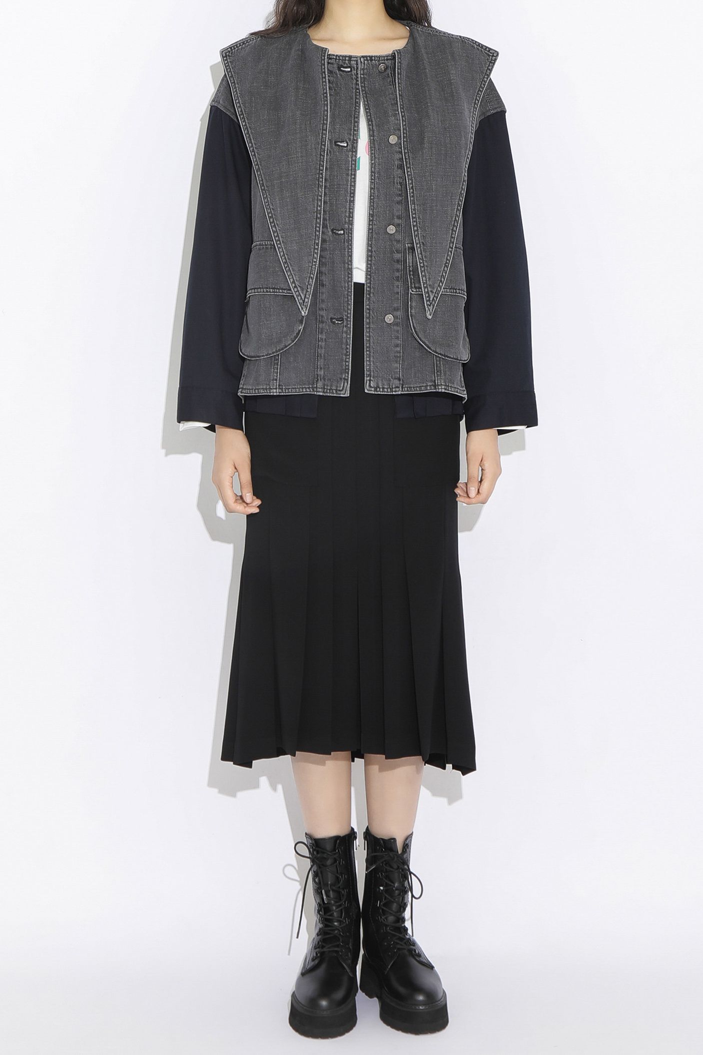 Cotton Color Block Sailor Collar Denim Jumper