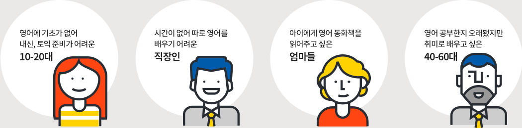 영어에 기초가 없어 내신, 토익 준비가 어려운 10대, 20대, 시간이 없어 따로 영어를 배우기 어려운 직장인, 아이에게 영어 동화책을 읽어주고 싶은 엄마들, 영어 공부한지 오래됐지만 취미로 배우고 싶은 40-60대