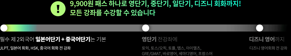 9,900원 패스 하나로 이 모든 강좌를 수강할 수 있습니다 영단기 전강좌는 기본, 필수 제 2외국어 중국어단기 + 일본어단기에, 디즈니 영어까지
