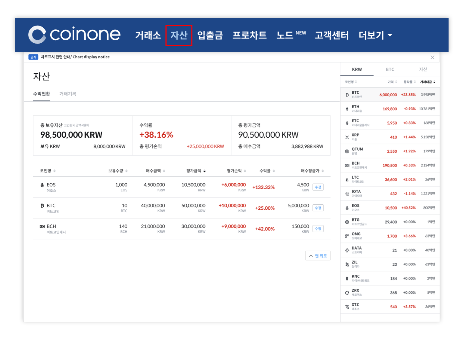 코인원 업데이트 노트 - 수익률, 자산 메뉴 추가/Update note notice