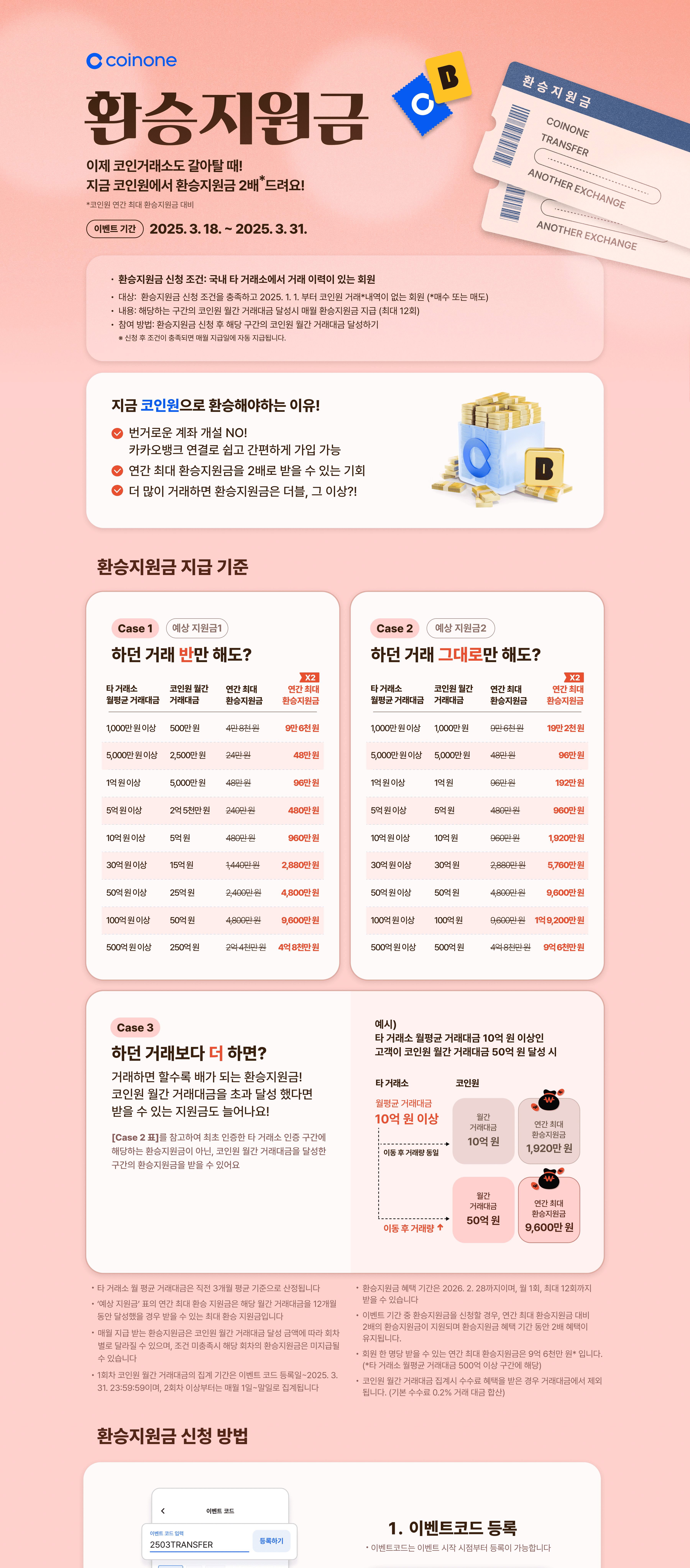 3월 환승지원금 이벤트] 지금 코인원으로 갈아타면 환승지원금 2배!