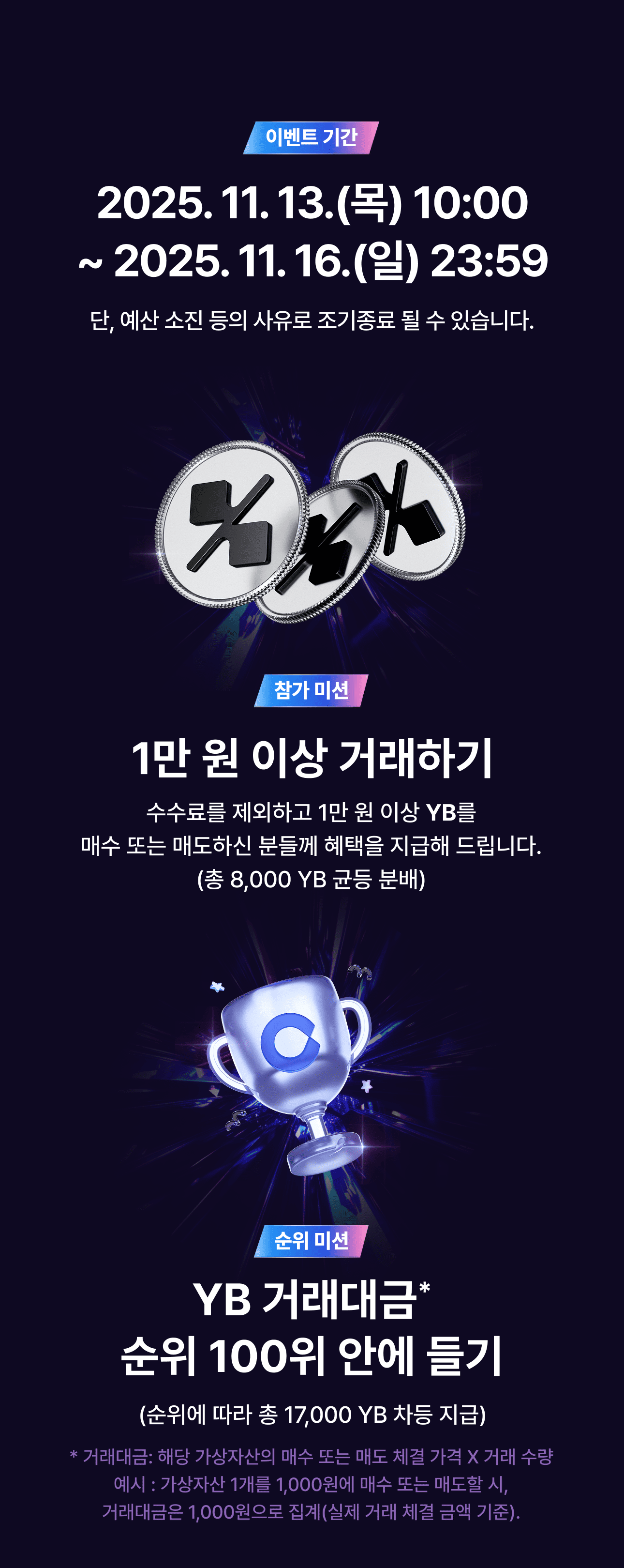 11월 2주 목요 코인 페스타] 1만원 이상 거래하면 100% 확정 혜택! (총 상금 25,000 YB!)