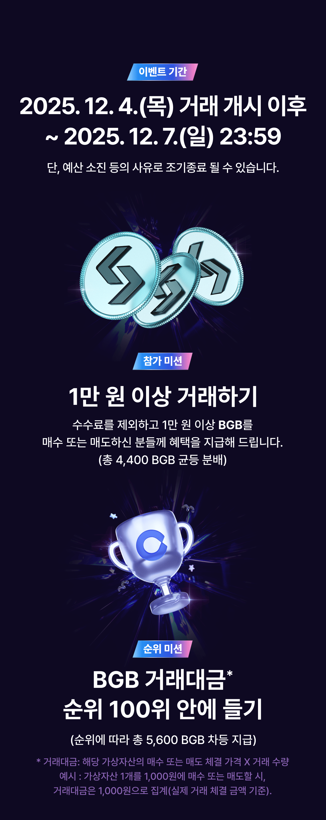 12월 1주 목요 코인 페스타] 1만원 이상 거래하면 100% 확정 혜택! (총 상금 10,000 BGB)