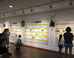 전시회장에서 그림을 보고있는 6명의 사람들이미지