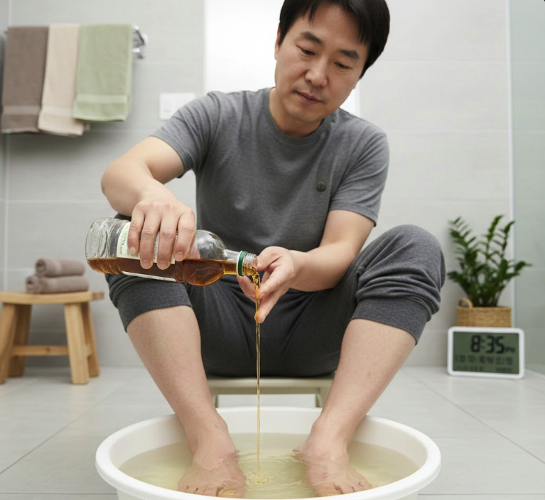 발을 담근 대야에 식초를 붓고있는 남성