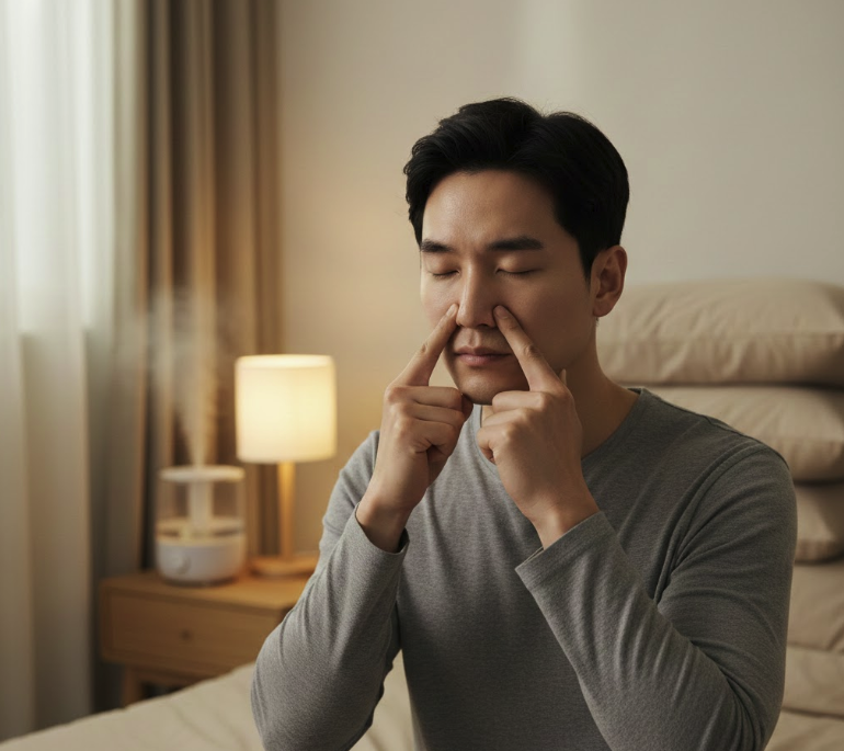 코 옆의 영향혈을 두 손가락으로 누르고 있는 남성