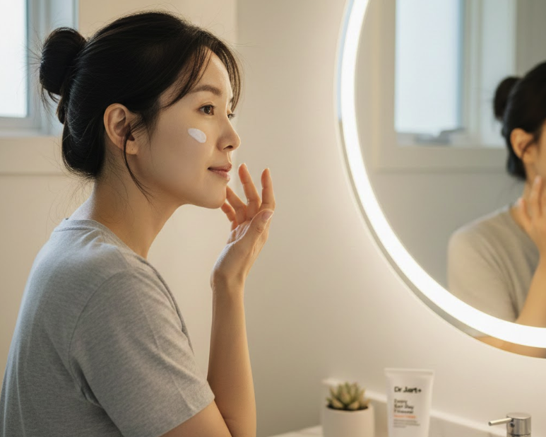 거울 앞에서 선크림 바르고 있는 여성