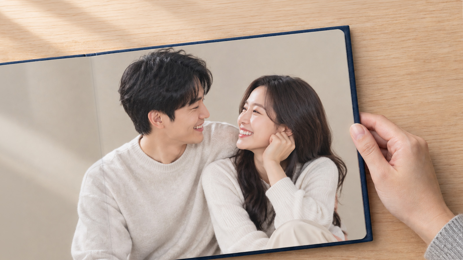 원목 식탁에 펼친 네이비 레더/패브릭커버 인화포토북. 페이지에 서로 마주 보며 웃는 커플 사진이 크게 인화되어 있고 한 손이 커버 가장자리를 잡고 있다