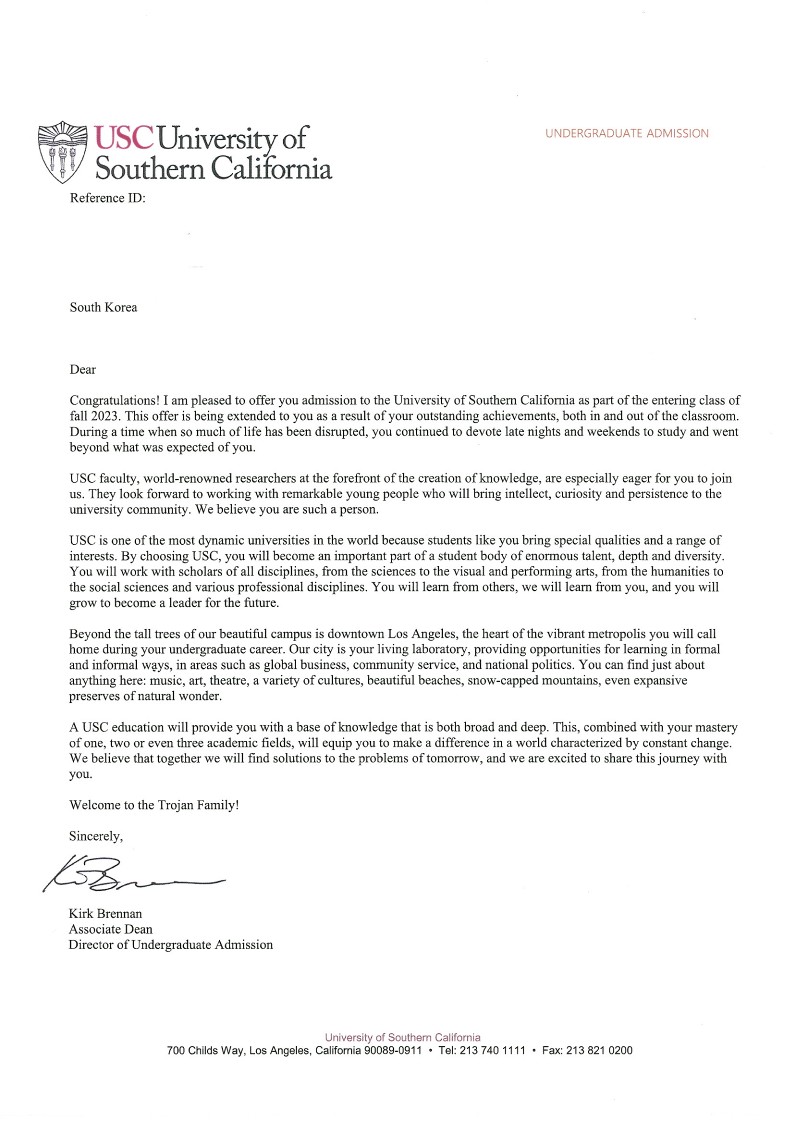 (미국) USC, RIT (전액장학금), Chapman Univ. (전액장학금), RISD, Purdue Univ, etc. L J _ BFA Animation