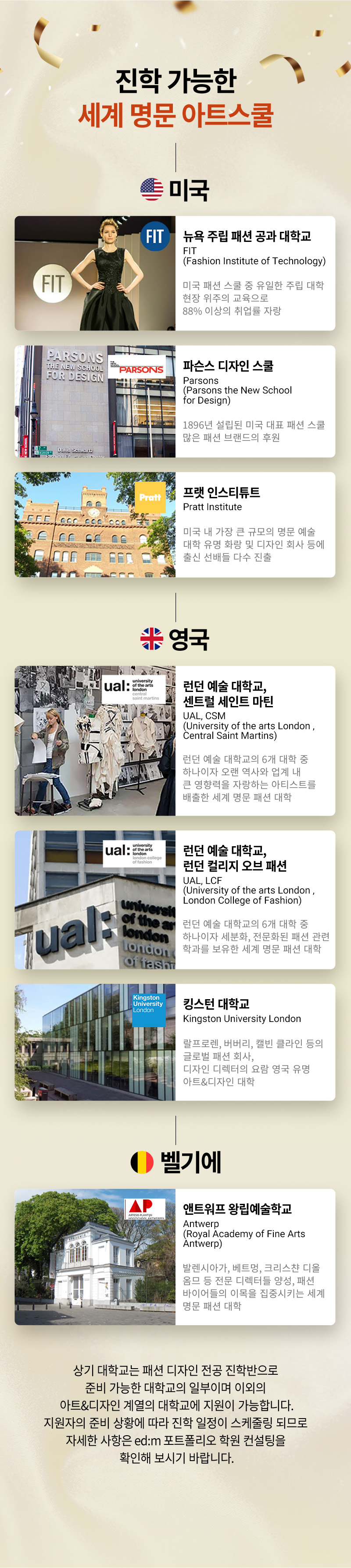 진학 가능한 세계 명문 아트스쿨 미국 -뉴욕 주립 패션 공과 대학교, 파슨스 디자인 스쿨, 프랫 인스티튜트 영국-런던 예술 대학교,센트럴 세인트 마틴, 런던 컬리지 오브 패션, 킹스턴 대학교 벨기에- 앤트워프 왕립예술학교 상기 대학교는 패션 디자인 전공 진학반으로 준비 가능한 대학교의 일부이며 이외의 아트&디자인 계열의 대학교에 지원이 가능합니다. 지원자의 준비 상황에 따라 진학 일정이 스케줄링 되므로 자세한 사항은 ed:m 포트폴리오 학원 컨설팅을 확인해 보시기 바랍니다.