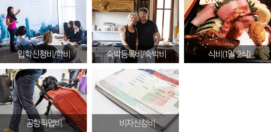 입학신청비/학비, 숙박등록비/숙박비, 식비(1일 2식), 공항픽업비, 비자신청비