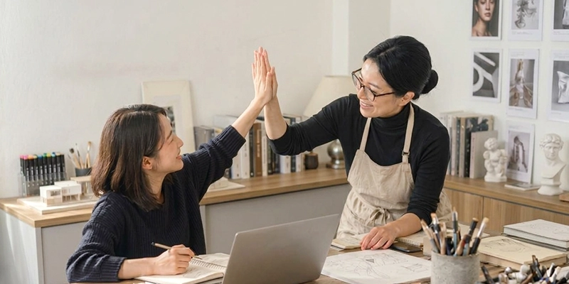 수업 중 하이파이브하는 학생과 강사