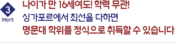3 Merit 나이가 만 16세여도! 학력 무관! 싱가포르에서 최선을 다하면 명문대 학위를 정식으로 취득할 수 있습니다