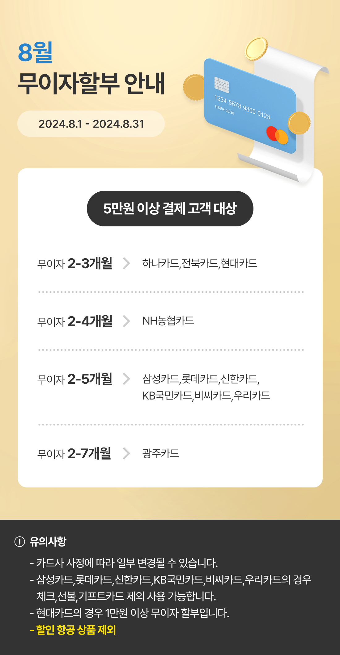 2024년 8월 신용카드 무이자할부 안내