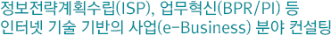 정보전략계획수립(ISP), 업무혁신(BPR/PI) 등 인터넷 기술 기반의 사업(e-Business) 분야 컨설팅