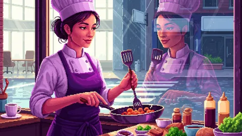 밝은 사무실에서 여성이 작은 식당 주방에서 요리하는 셰프 장면을 보여 주며, 아침 햇빛 아래 공연장 보라/마젠타 포인트 색감과 픽셀아트 포스터 화풍으로 비 온 뒤 산뜻한 기분 분위기를 표현한 AI 이미지.