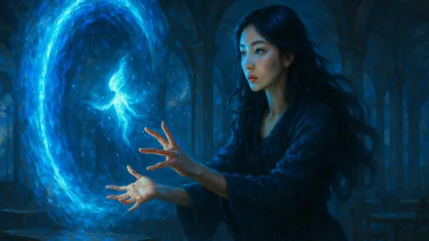 시간이 멈춘 카페에서 아름다운 여자가 달빛 숲에서 정령을 소환하는 여자 장면을 보여 주며, 네온 포털에서 퍼지는 강한 컬러림 아래 수묵 먹색과 전기 청색 색감과 모네풍 빛 번짐 판타지 화풍으로 막 주문이 발동되는 긴장감 분위기를 표현한 비현실적 AI 이미지.