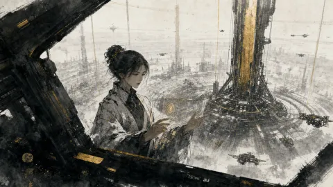 궤도 엘리베이터 터미널에서 아름다운 성인 여성이 궤도 엘리베이터 전망대의 여자 엔지니어 장면을 보여 주며, 태양광 패널에서 반사되는 깨끗한 확산광 아래 흑백 잉크와 한 가지 강렬한 포인트 컬러 색감과 수묵화와 SF 혼합풍 화풍으로 전투 직전의 침착함 분위기를 표현한 사이버펑크 AI 이미지.
