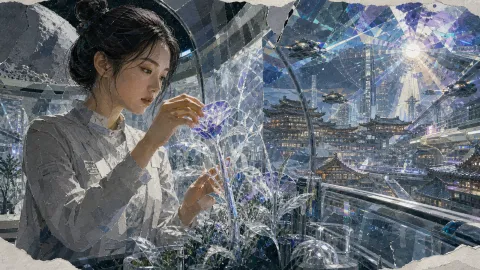 네온과 한옥이 섞인 미래 서울에서 아름다운 성인 여성이 달 기지 온실에서 외계 식물을 살피는 여자 연구원 장면을 보여 주며, 시간 균열에서 퍼지는 프리즘 광원 아래 달빛 은색과 투명한 유리색 색감과 종이 콜라주와 구아슈 포스터풍 화풍으로 초도시 전체가 작동하는 순간의 긴장감 분위기를 표현한 하드 SF AI 이미지.