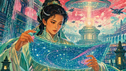 해저 유리 돔 문명 속 초문명 도서관에서 아름다운 성인 여성이 홀로그램 별지도를 펼치고, 파스텔 민트와 장밋빛 하늘 색감의 70년대 한국 극장 간판화풍으로 표현된 하드 SF 장면.