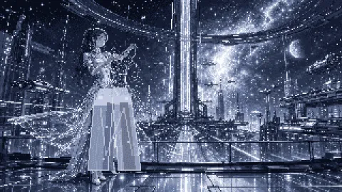 궤도 엘리베이터 터미널에서 아름다운 성인 여성이 나노기계 드레스를 조정하는 여자 과학자 장면을 보여 주며, 성운빛이 얼굴을 비추는 측면광 아래 달빛 은색과 투명한 유리색 색감과 픽셀아트 우주 포스터 화풍으로 별빛이 쏟아지는 몽환적 고요 분위기를 표현한 사이버펑크 AI 이미지.