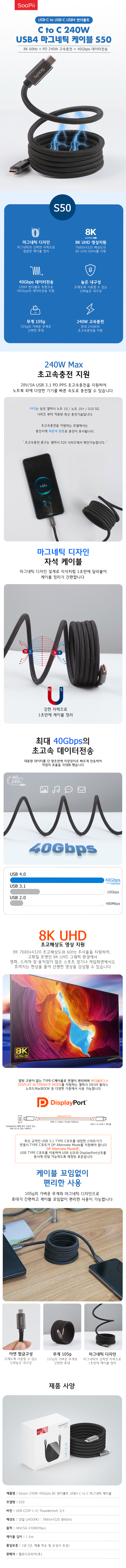 [Soopii] 썬더볼트4 USB4 C to C 마그네틱 케이블 S50 [1.5