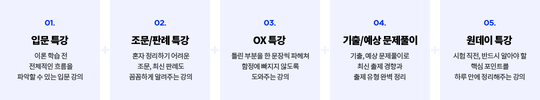 1. 입문 특강, 2. 조문/판례 특강, 3. OX특강, 4. 기출/예상 문제 풀이, 5. 원데이 특강
