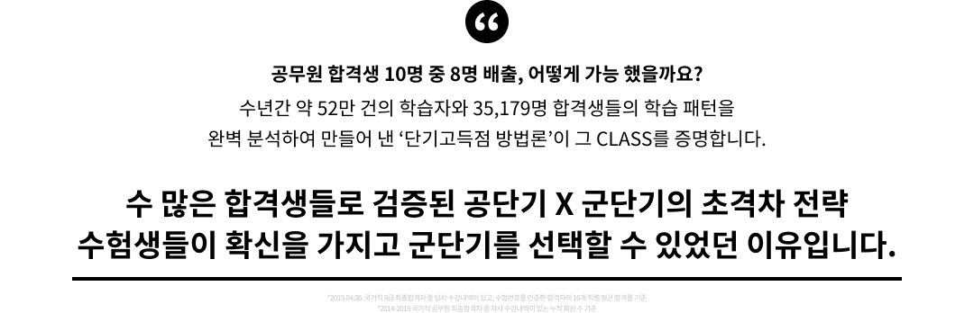 수많은 합격생들로 검증된 공단기 군단기의 초격차 전략 수험생들이 확신을 가지고 군단기를 선택할 수 있었던 이유입니다.