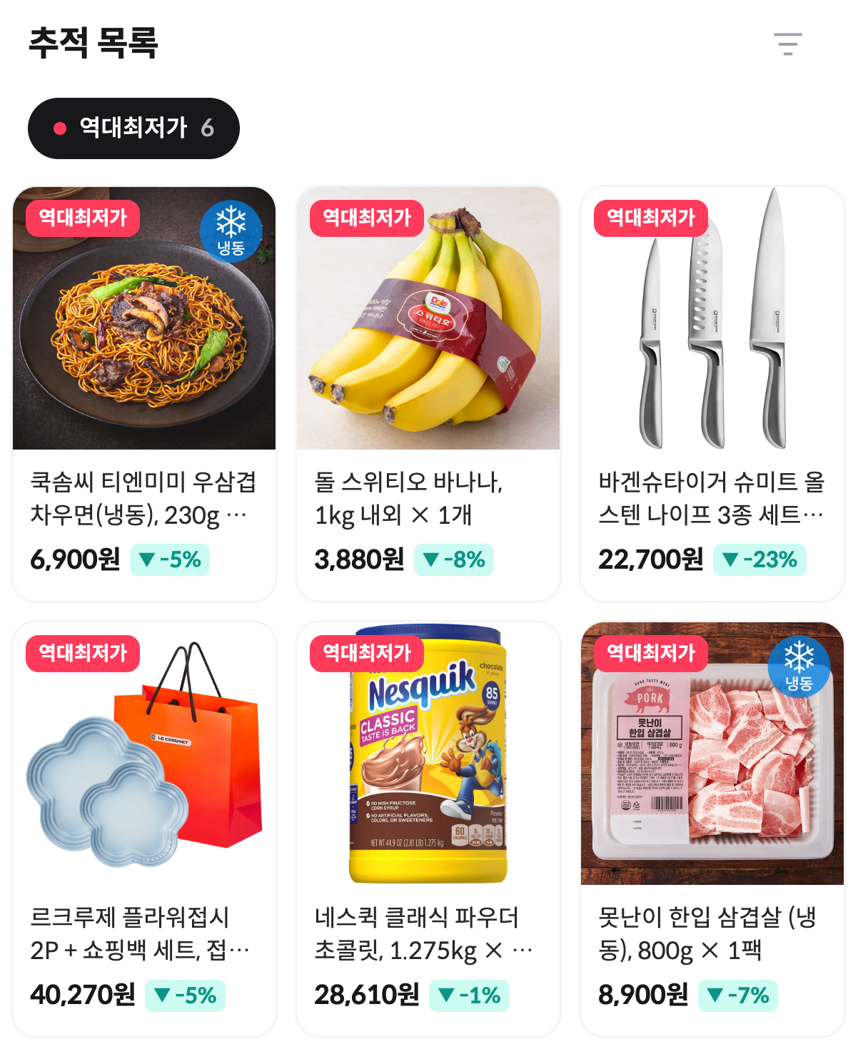 역대 최저가 필터를 적용한 추적 상품 목록 — 꿀고구마, 삼겹살