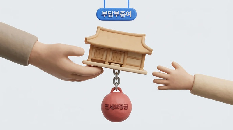 부담부증여 개념: 물려주는 집에 전세보증금이 무게추처럼 매달려 함께 넘어가는 모습