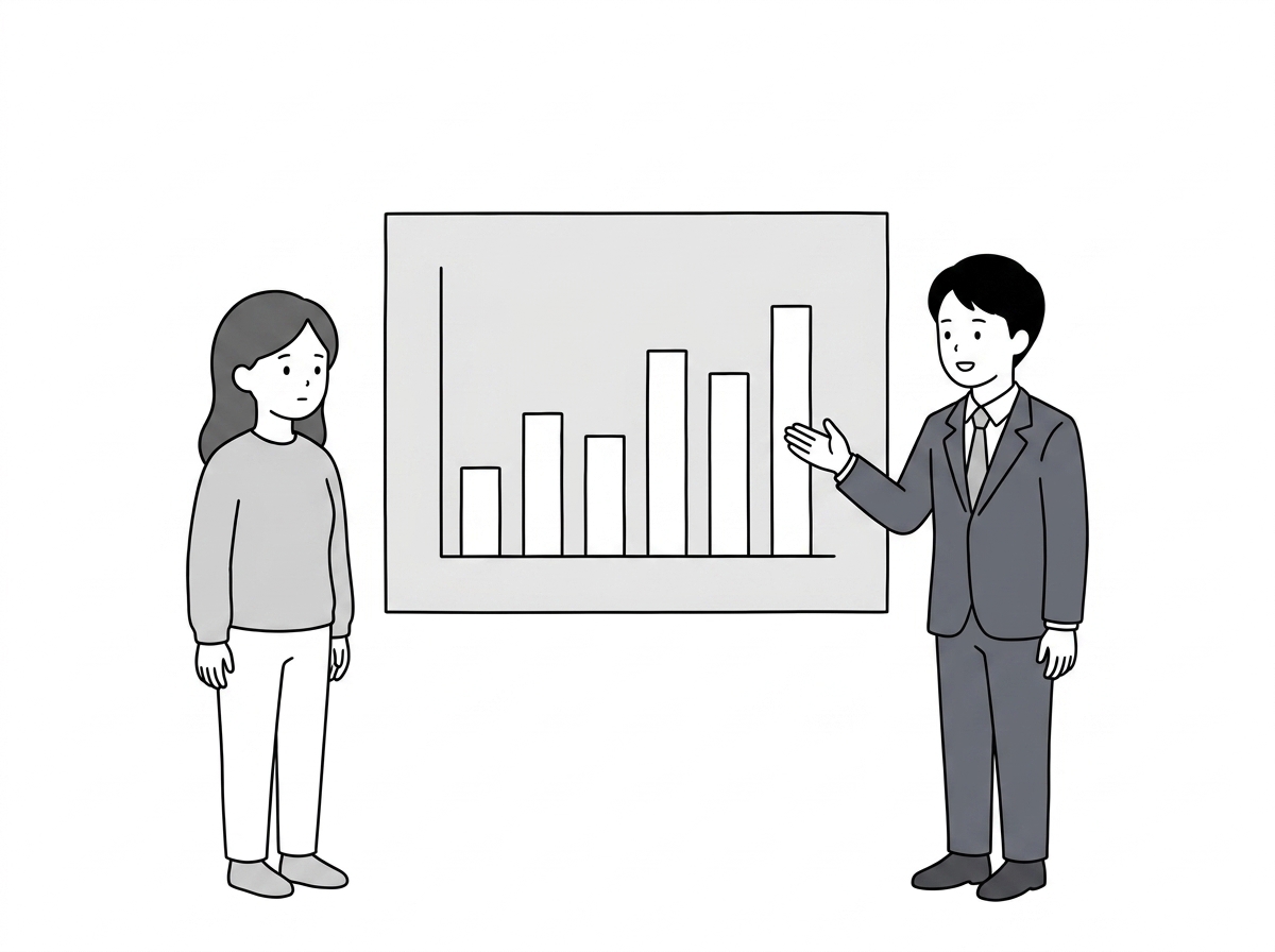 The asker and the agent stand beside a blank bar chart drawn