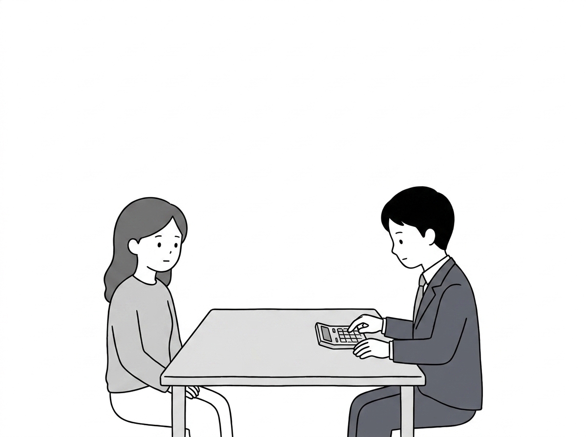 The asker and the agent seated low in the frame at a bare ta