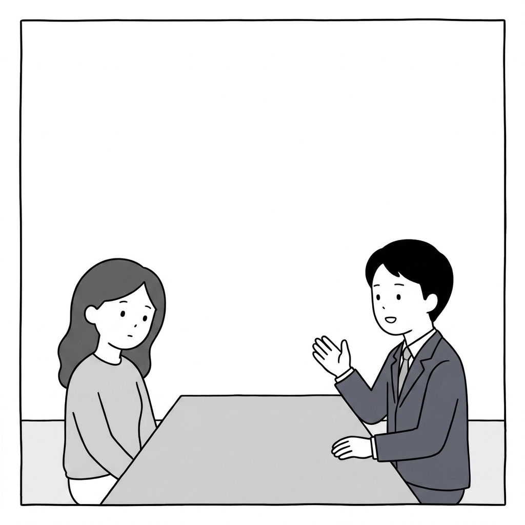 The asker on the left tilts her head thinking, the agent on