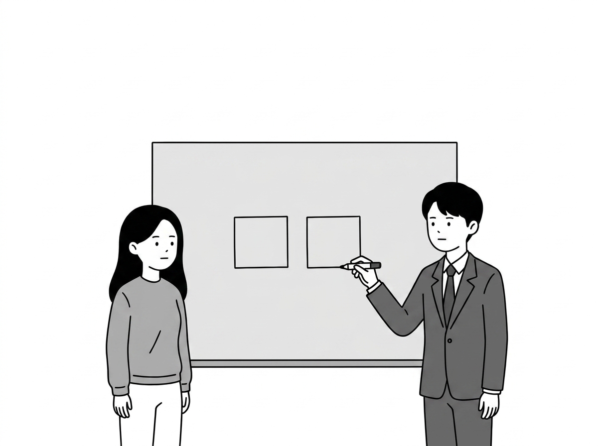 The asker and the agent stand beside a plain empty board; th