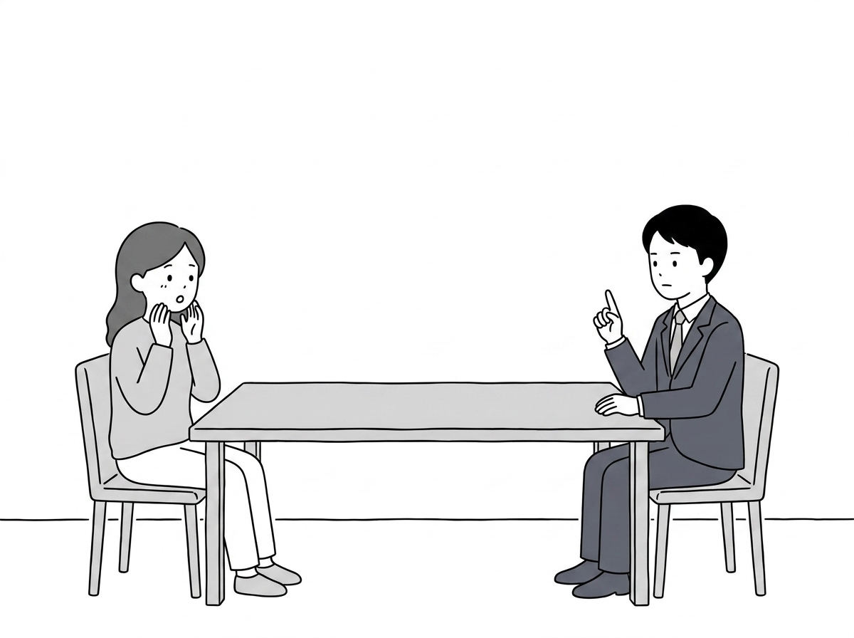 The asker and the agent seated at a bare table, the agent on