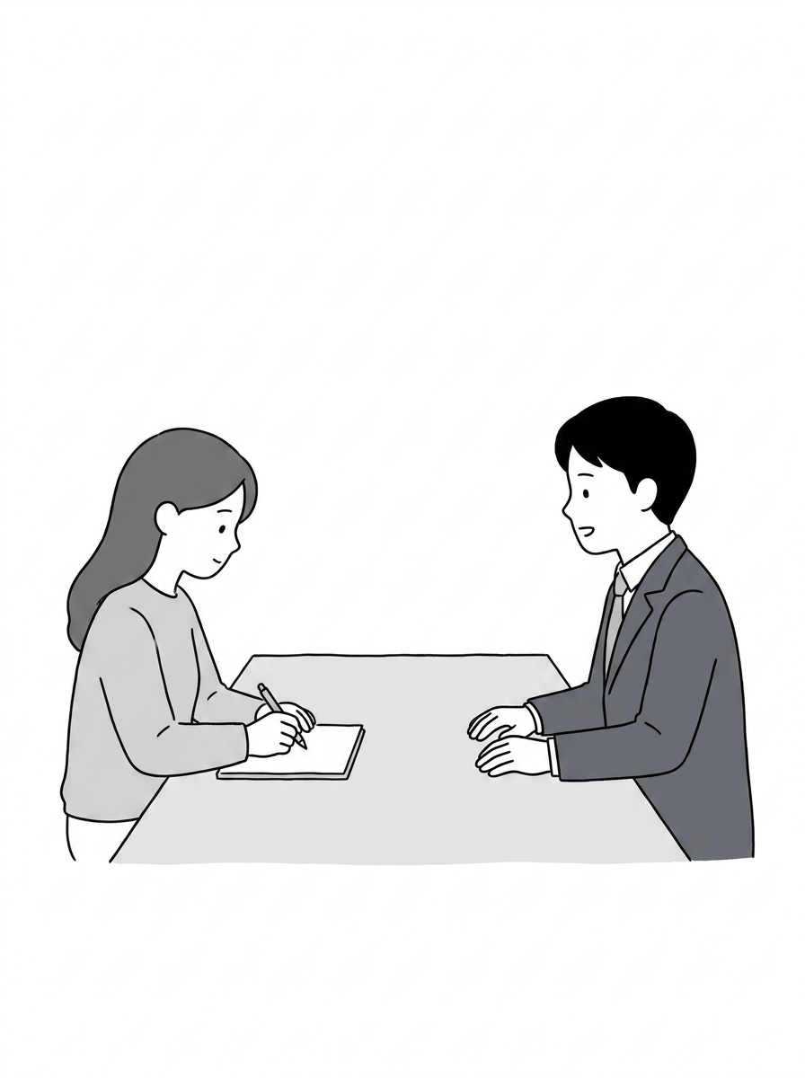 The asker and the agent at a bare table, the agent on the ri