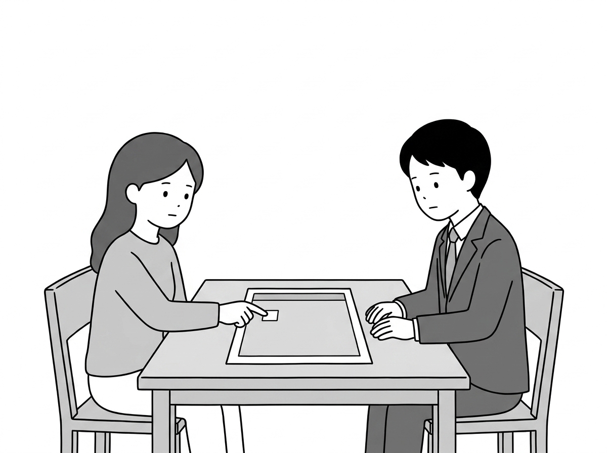 The asker and the agent at a bare table with a blank calenda