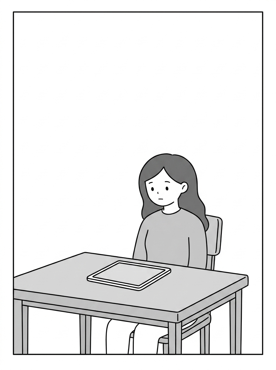 The asker sits at a bare table, looking down at a blank tabl