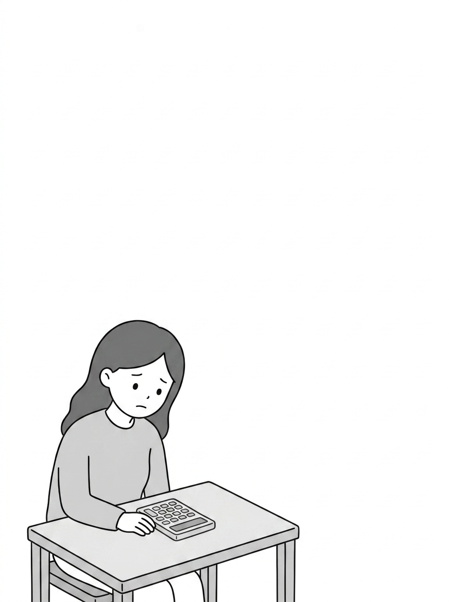 The asker sits small in the lower left corner at a bare tabl