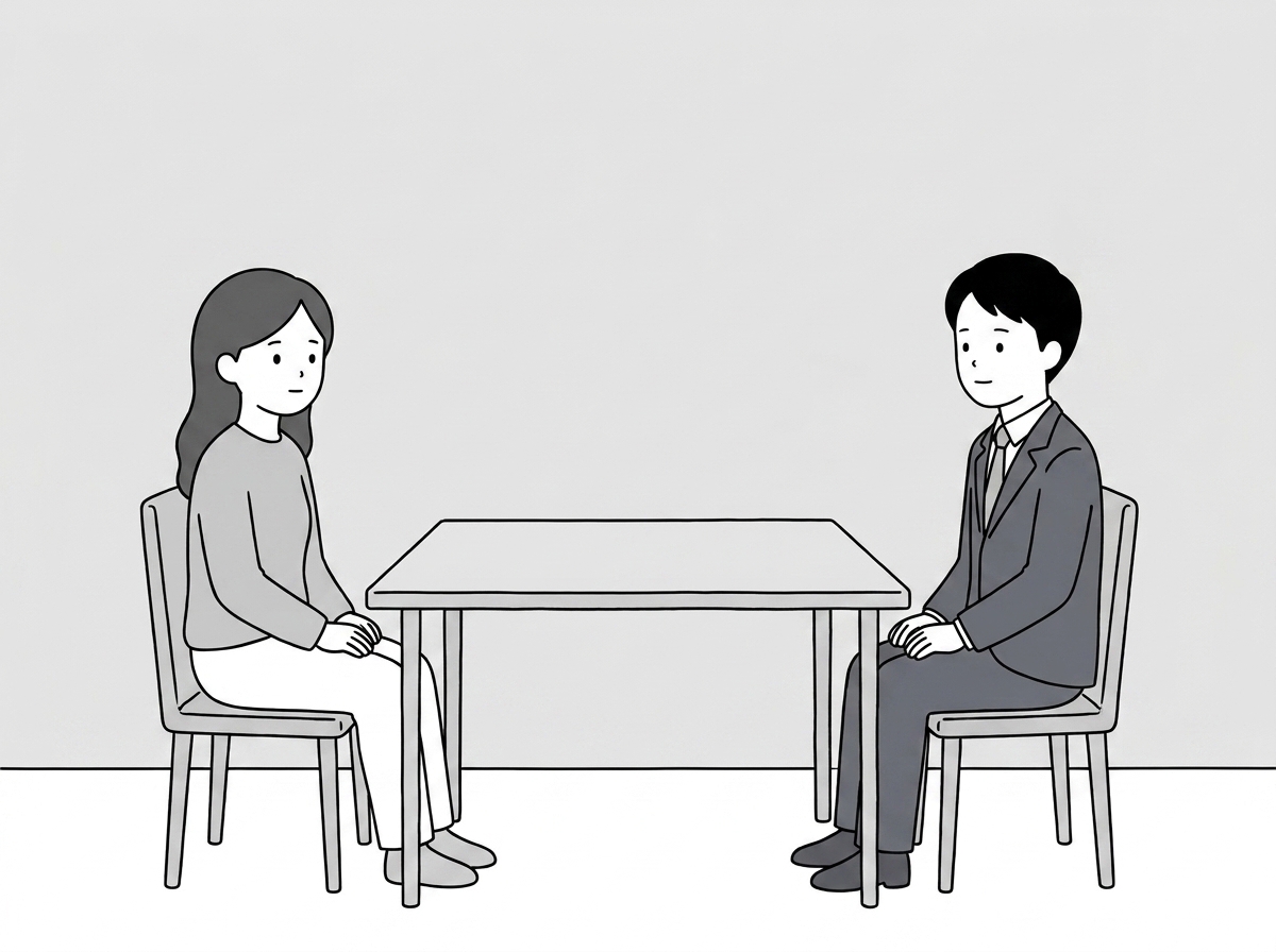 The asker and the agent sit facing each other across a bare
