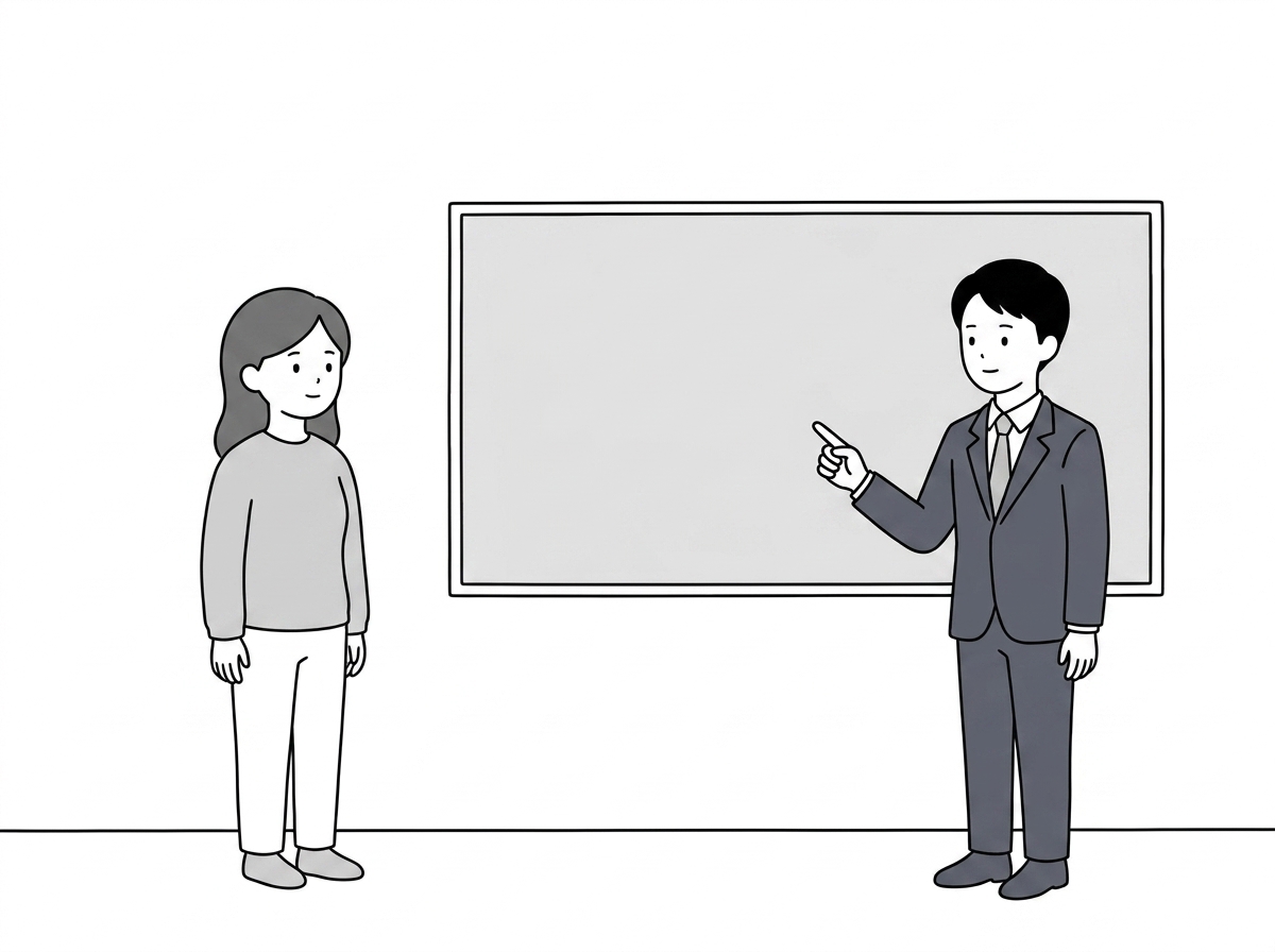 The asker and the agent stand in front of a blank whiteboard