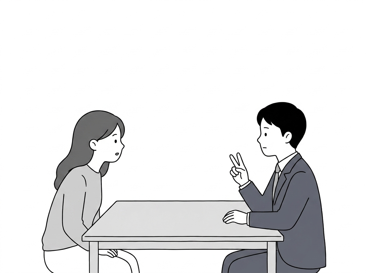 The asker and the agent at a bare table, the asker on the le