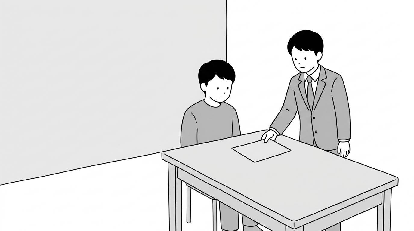 The agent lays a second blank sheet on the bare table, the a