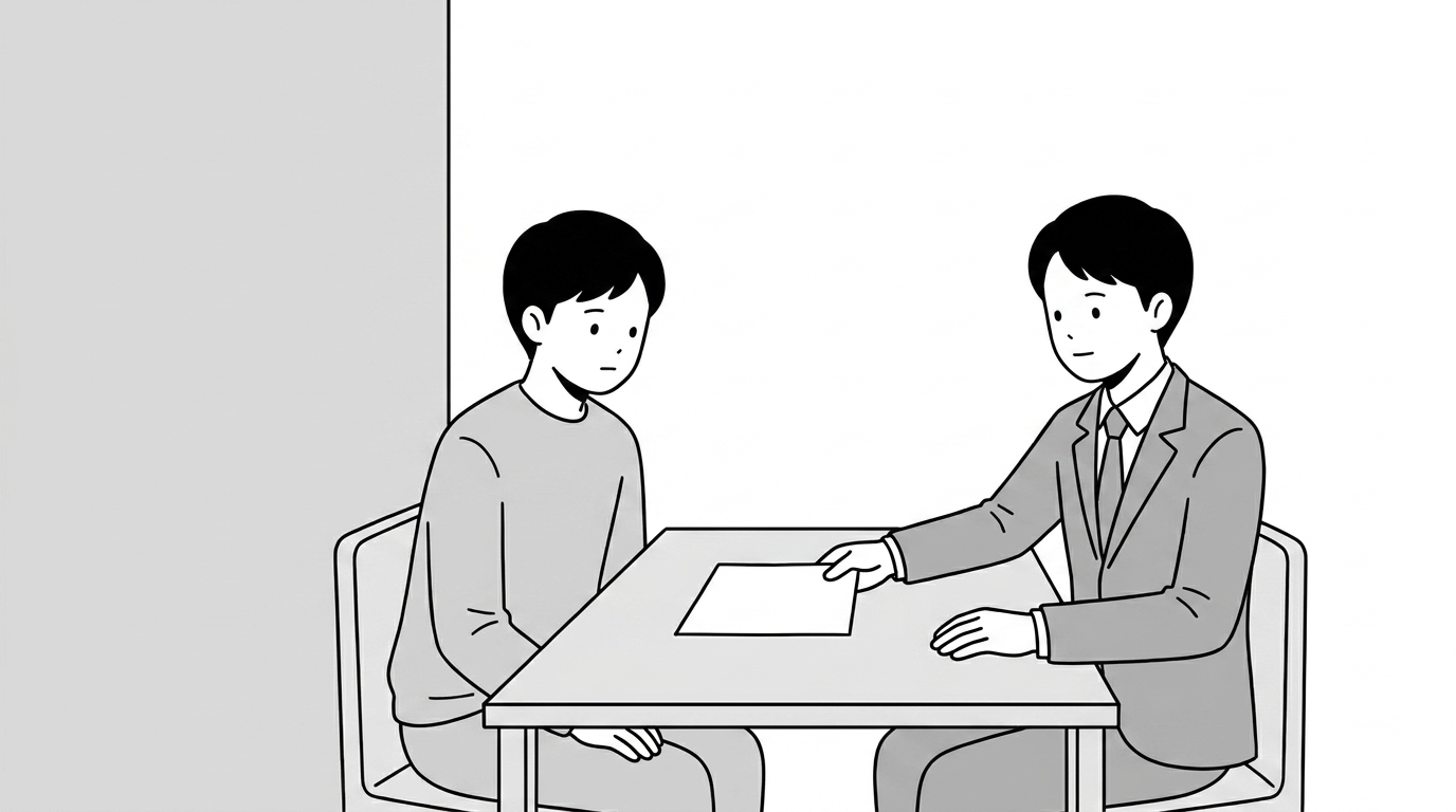 The agent slides a third blank sheet across the bare table t