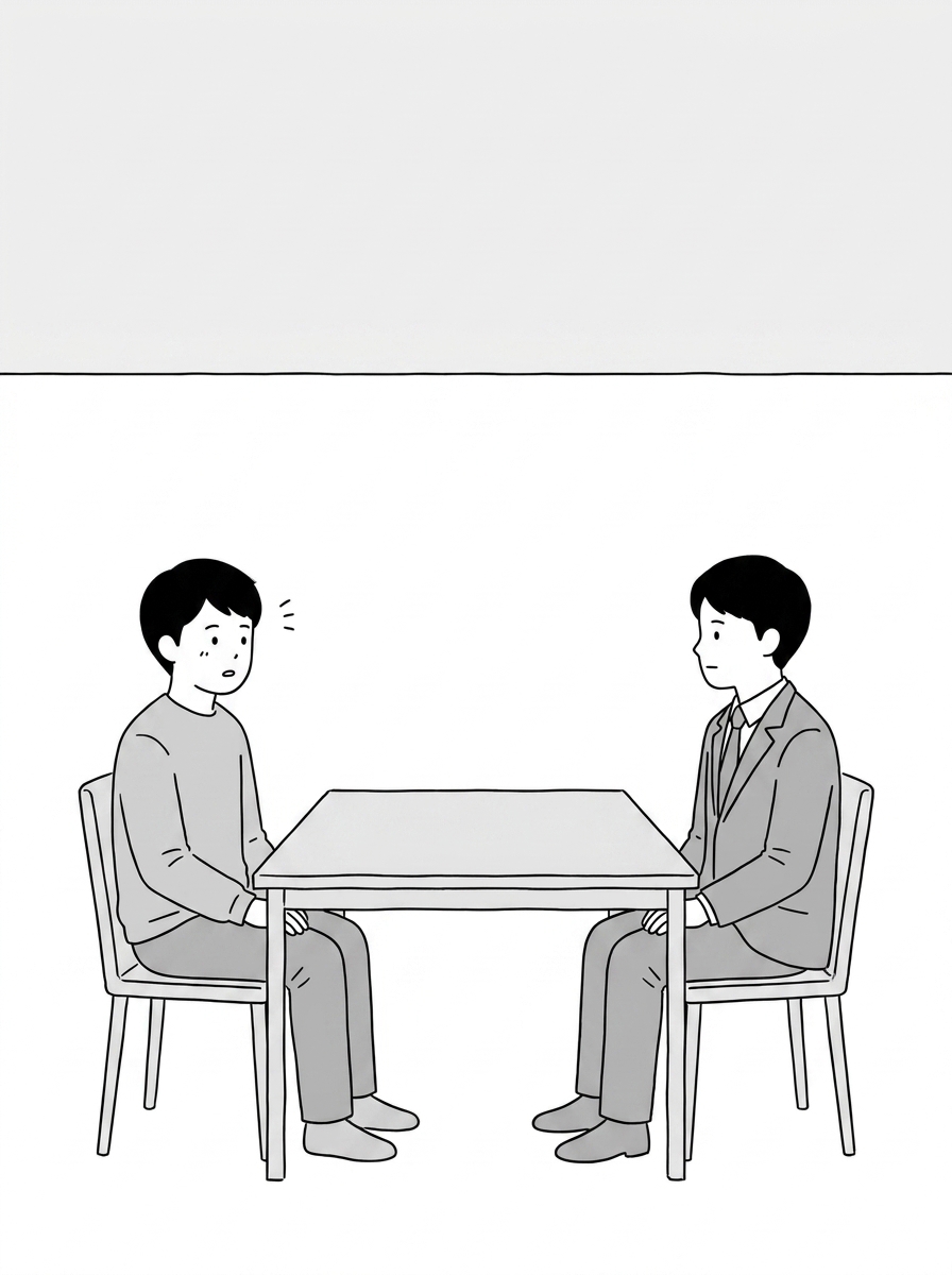 The asker and the agent face each other at the bare table, t