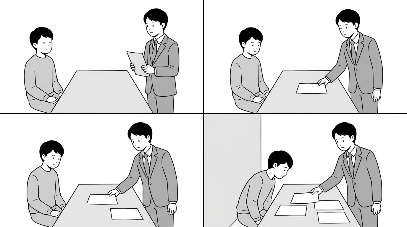 The agent places a fourth blank sheet on the bare table, the