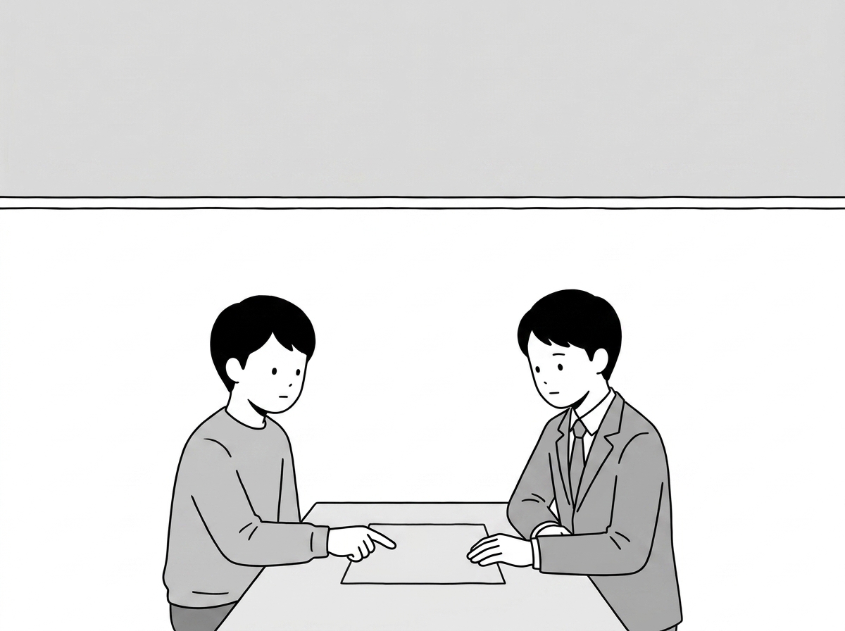 The asker and the agent at the bare table, the asker pointin