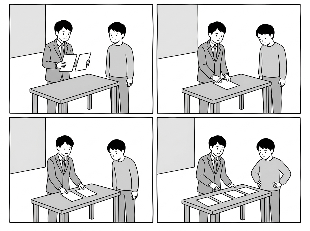 The agent lines up the four blank sheets in order on the bar